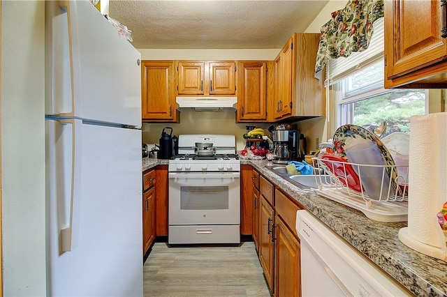 10 E St Unit 316, Cranston, RI 02920 - kitchen featuring white appliances, under cabinet range hood, light wood-style flooring, brown cabinetry, and a textured ceiling