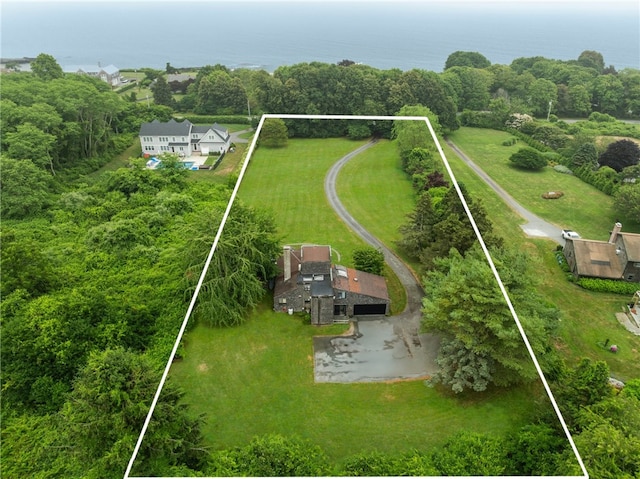 668 Indian Ave, Middletown, RI 02842 - view from above of property with property boundaries highlighted and a large body of water