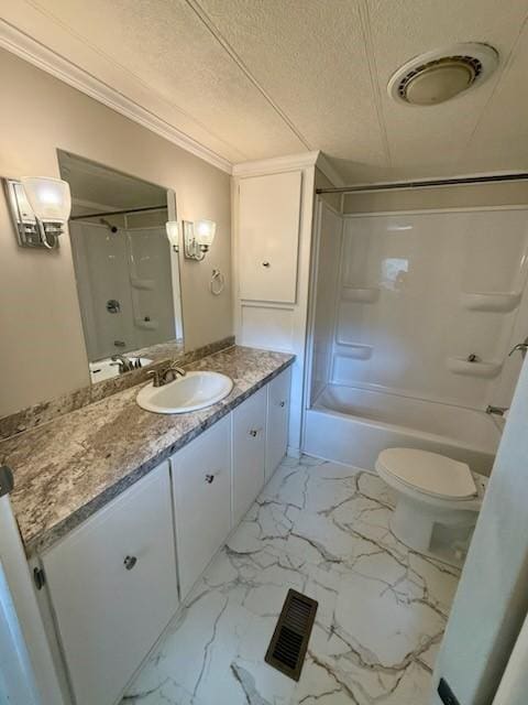 4 Lane B Ln, Coventry, RI 02816 - bathroom with vanity, a textured ceiling, shower / bath combination, ornamental molding, and marble look tile flooring