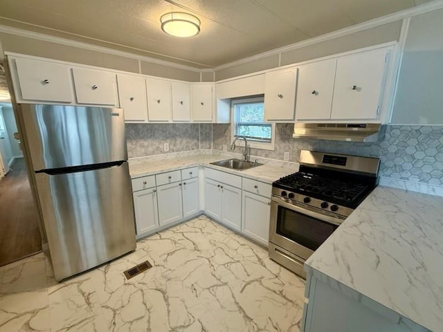 4 Lane B Ln, Coventry, RI 02816 - kitchen with stainless steel appliances, under cabinet range hood, backsplash, white cabinetry, and crown molding