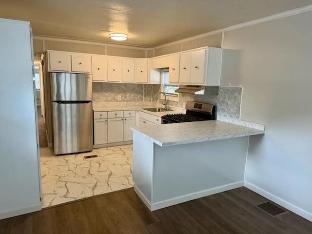 4 Lane B Ln, Coventry, RI 02816 - kitchen featuring stainless steel appliances, ornamental molding, a peninsula, light wood-type flooring, and light countertops