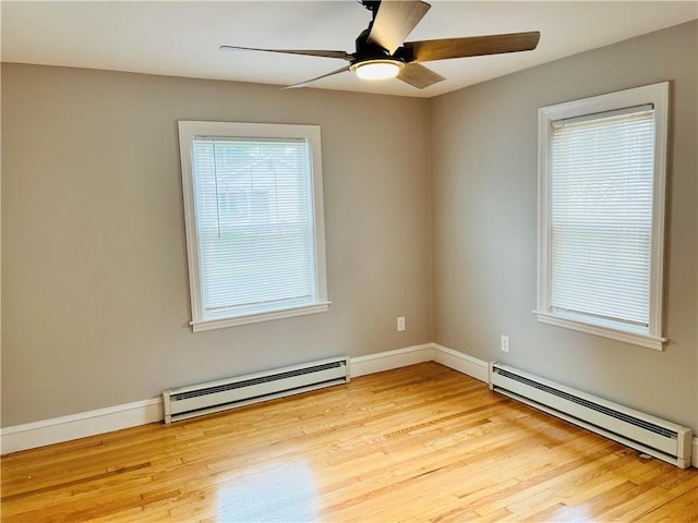 74 Leslie St, Cranston, RI 02910 - empty room featuring a baseboard radiator, light wood finished floors, and ceiling fan