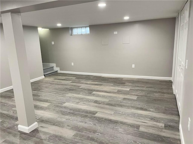 74 Leslie St, Cranston, RI 02910 - basement featuring dark wood-type flooring, recessed lighting, and stairs