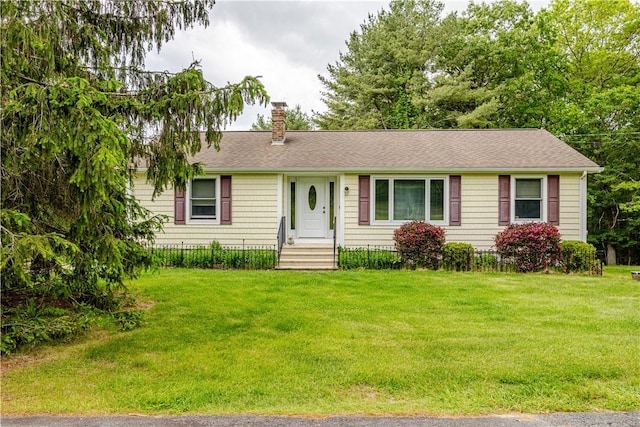 1846 E Wallum Lake Rd, Burrillville, RI 02859 - single story home with a chimney, a front lawn, and a shingled roof