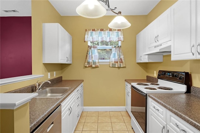 120 Mill St Unit 103, Woonsocket, RI 02895 - kitchen featuring electric range, stainless steel dishwasher, under cabinet range hood, and white cabinetry