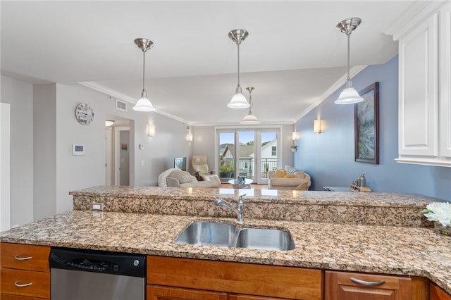 333 Atwells Ave Unit 302, Providence, RI 02903 - kitchen featuring stainless steel dishwasher, ornamental molding, brown cabinets, decorative light fixtures, and open floor plan