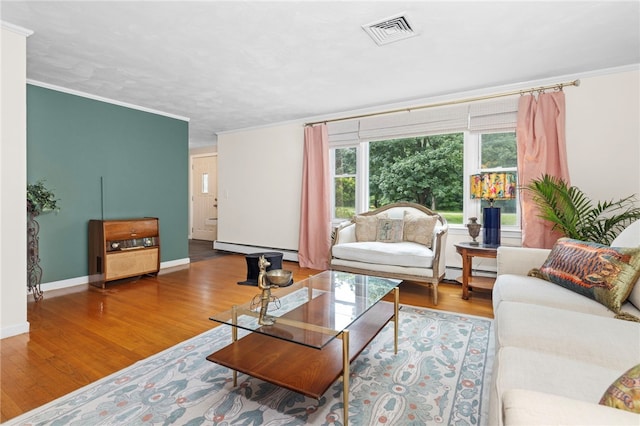 112 Edgewood Blvd, Providence, RI 02905 - living area featuring a baseboard radiator, ornamental molding, and wood finished floors