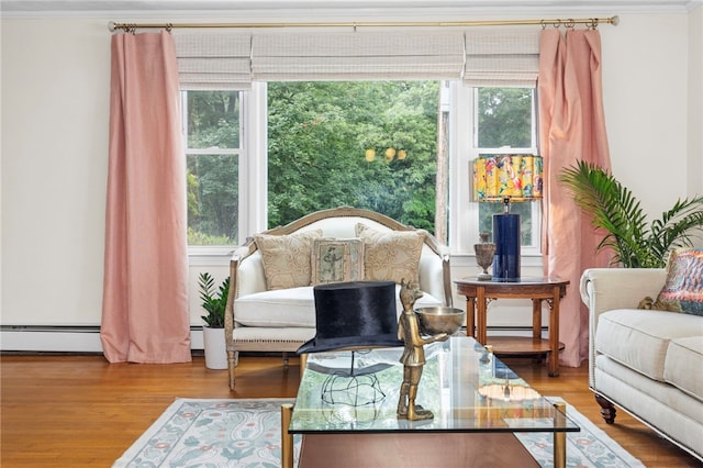 112 Edgewood Blvd, Providence, RI 02905 - sitting room with plenty of natural light, ornamental molding, baseboard heating, and wood finished floors