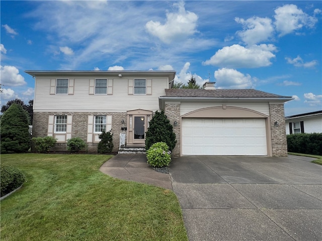 150 Central Ave, Johnston, RI 02919 - view of front of property with brick siding, driveway, an attached garage, a front yard, and a chimney
