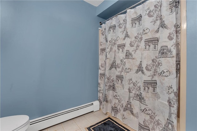8 Gale Ct, North Providence, RI 02904 - bathroom featuring baseboard heating, tile patterned flooring, and a shower with shower curtain