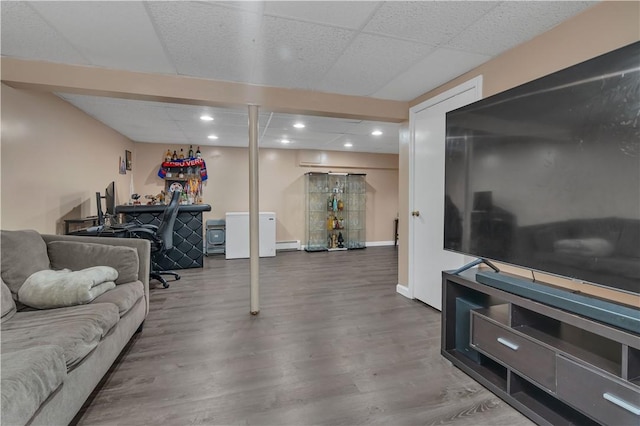 8 Gale Ct, North Providence, RI 02904 - living area with wood finished floors, a baseboard heating unit, recessed lighting, and a drop ceiling