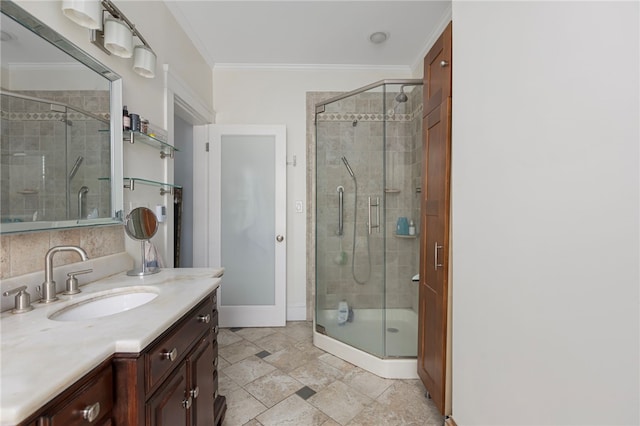 179 Cole Ave Unit 2, Providence, RI 02906 - full bathroom with vanity, crown molding, a shower stall, and stone finish flooring