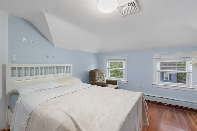 179 Cole Ave Unit 2, Providence, RI 02906 - bedroom with a baseboard radiator, vaulted ceiling, and dark wood-style floors