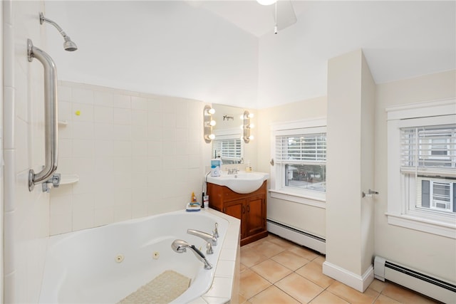 179 Cole Ave Unit 2, Providence, RI 02906 - full bathroom with a baseboard heating unit, a whirlpool tub, vanity, and tile patterned flooring