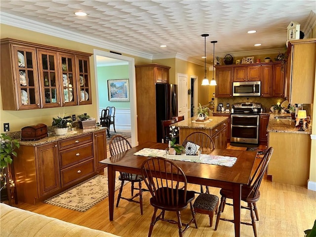 35 E Lantern Rd, Smithfield, RI 02917 - dining room featuring light wood-style floors, recessed lighting, and ornamental molding