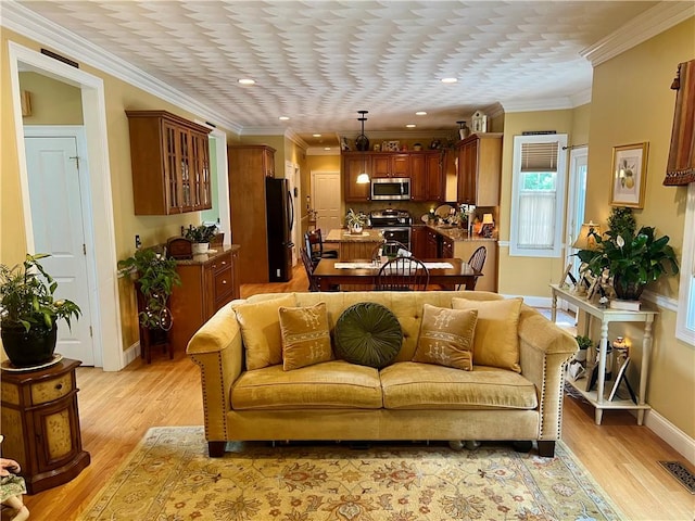 35 E Lantern Rd, Smithfield, RI 02917 - living area with light wood-style floors, crown molding, and recessed lighting