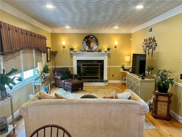 35 E Lantern Rd, Smithfield, RI 02917 - living area featuring a fireplace, light wood finished floors, recessed lighting, and ornamental molding