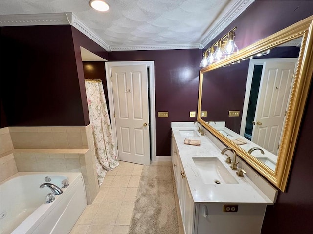 35 E Lantern Rd, Smithfield, RI 02917 - full bathroom with double vanity, a garden tub, tile patterned floors, ornamental molding, and a textured ceiling