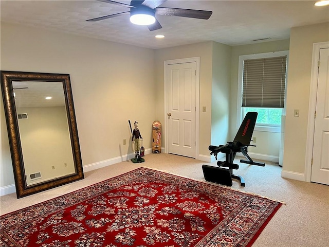 35 E Lantern Rd, Smithfield, RI 02917 - exercise room with carpet flooring, a ceiling fan, and recessed lighting