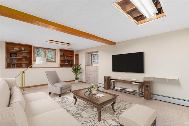 29 Teakwood Dr W, Coventry, RI 02816 - carpeted living area with beam ceiling and a baseboard heating unit