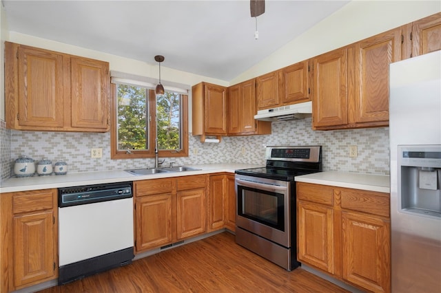 29 Teakwood Dr W, Coventry, RI 02816 - kitchen with fridge with ice dispenser, dishwasher, stainless steel range with electric cooktop, under cabinet range hood, and backsplash