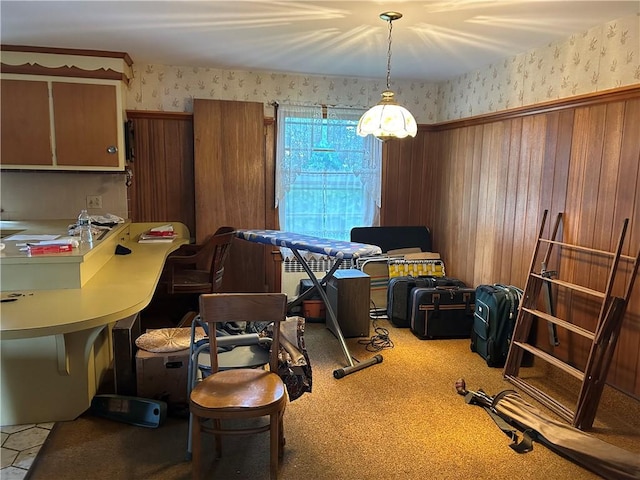 12 Oakland Ave, Johnston, RI 02919 - dining room with wallpapered walls, a wainscoted wall, wooden walls, and light carpet