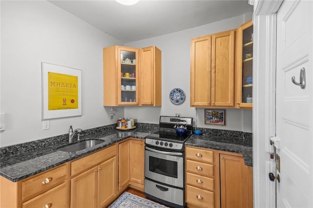 303 Angell St Unit 3, Providence, RI 02906 - kitchen with stainless steel electric stove, dark stone countertops, and glass insert cabinets