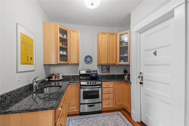 303 Angell St Unit 3, Providence, RI 02906 - kitchen with stainless steel range with electric cooktop, wood finished floors, dark stone counters, and glass insert cabinets
