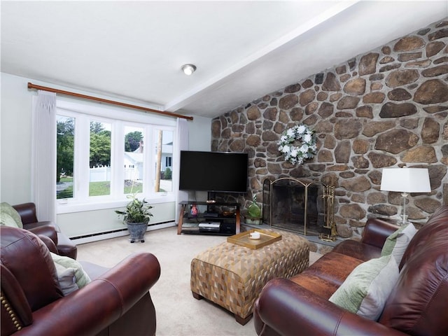 184 Vallette St, Cranston, RI 02920 - living room featuring carpet flooring, a fireplace, beamed ceiling, and a baseboard heating unit