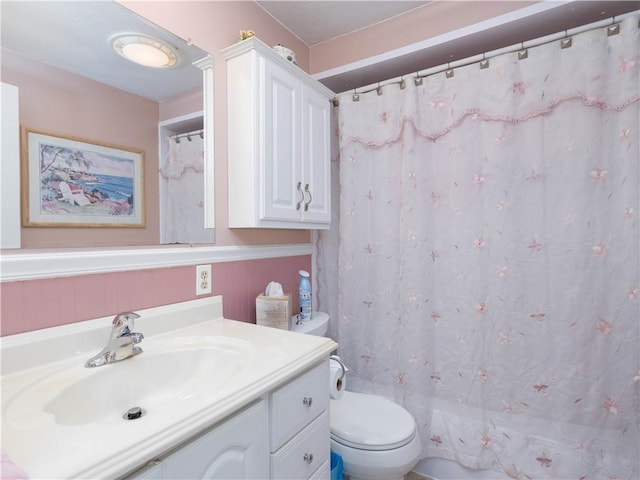 184 Vallette St, Cranston, RI 02920 - bathroom featuring vanity, wainscoting, and a shower with curtain