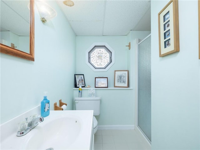 184 Vallette St, Cranston, RI 02920 - full bathroom featuring a paneled ceiling, a shower stall, tile patterned flooring, and vanity