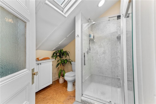 13 Dean Ave, Newport, RI 02840 - full bathroom featuring lofted ceiling, a shower stall, a skylight, and tile patterned floors