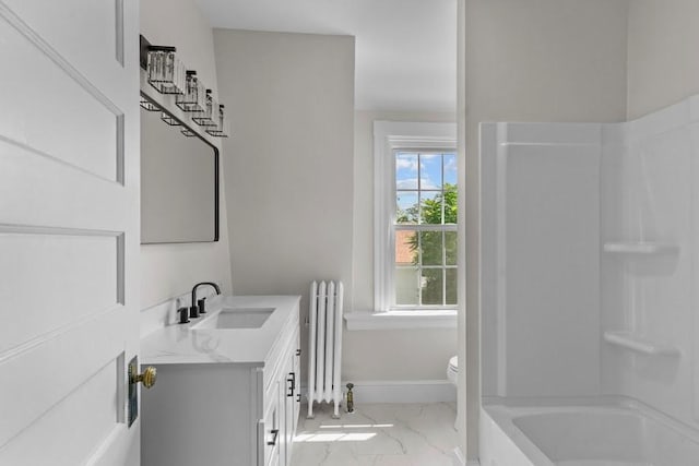 11 Taft St, Coventry, RI 02816 - bathroom featuring marble look tile flooring, vanity, radiator, and shower / washtub combination