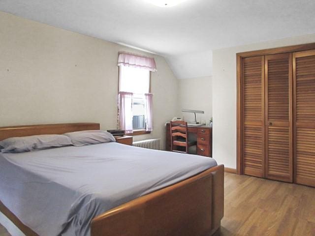 21 Hemlock Ave, Cranston, RI 02910 - bedroom with radiator heating unit, a closet, wood finished floors, and lofted ceiling