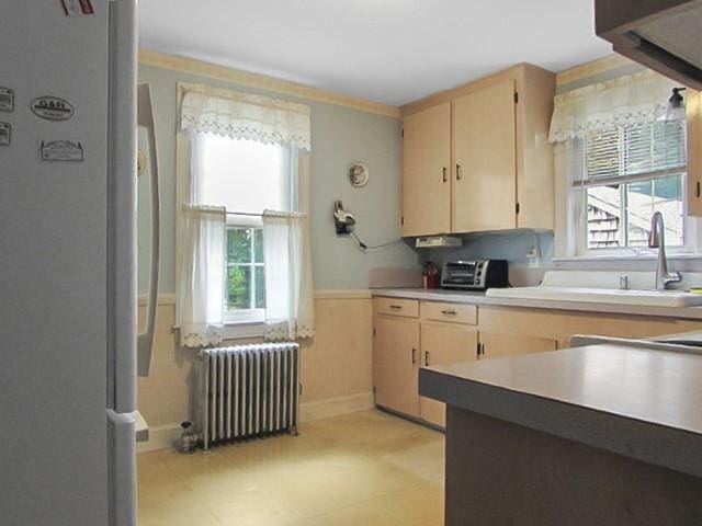21 Hemlock Ave, Cranston, RI 02910 - kitchen with radiator heating unit, freestanding refrigerator, light brown cabinets, and light countertops