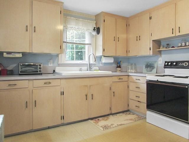 21 Hemlock Ave, Cranston, RI 02910 - kitchen featuring electric stove, light brown cabinetry, light countertops, and open shelves
