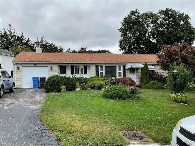 19 Leawood Dr, Cranston, RI 02920 - single story home featuring a garage, a front lawn, asphalt driveway, and a chimney