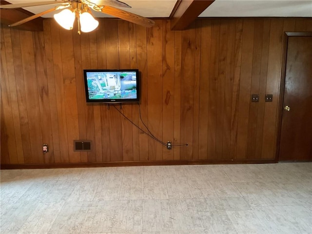 19 Leawood Dr, Cranston, RI 02920 - unfurnished living room featuring wooden walls, ceiling fan, and light wood-type flooring