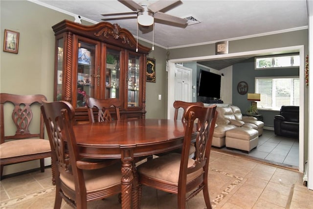 32 Harrington Dr, Johnston, RI 02919 - dining room with a ceiling fan, light tile patterned floors, and crown molding