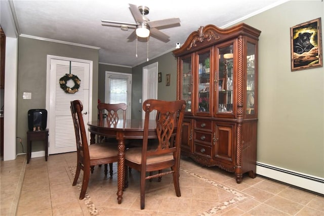 32 Harrington Dr, Johnston, RI 02919 - dining area with light tile patterned floors, ceiling fan, ornamental molding, and a baseboard radiator