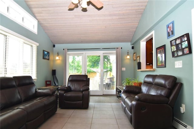 32 Harrington Dr, Johnston, RI 02919 - living area featuring lofted ceiling, light tile patterned flooring, a ceiling fan, a baseboard radiator, and wood ceiling