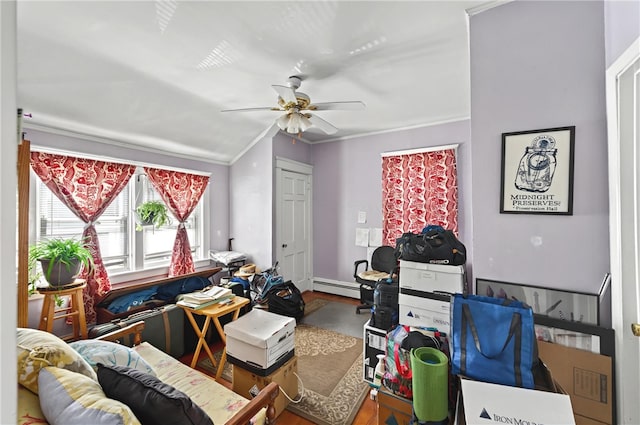 1264 Elmwood Ave, Providence, RI 02907 - living area featuring crown molding, wood finished floors, a ceiling fan, and a baseboard heating unit