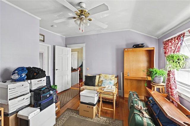 1264 Elmwood Ave, Providence, RI 02907 - living area featuring wood finished floors, a ceiling fan, crown molding, and lofted ceiling