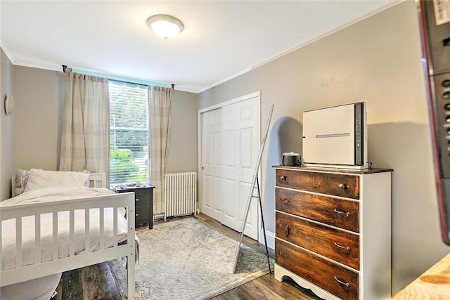 571 Spring St, Newport, RI 02840 - bedroom with ornamental molding, wood finished floors, radiator, and a closet