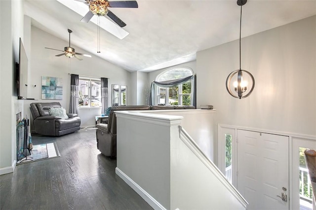 9 Ivy Hollow Ct, Cranston, RI 02921 - foyer with lofted ceiling, a ceiling fan, and dark wood finished floors