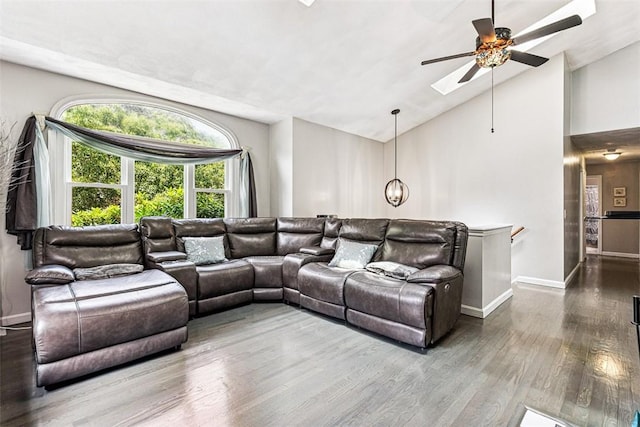 9 Ivy Hollow Ct, Cranston, RI 02921 - living room featuring lofted ceiling, wood finished floors, ceiling fan, and a chandelier
