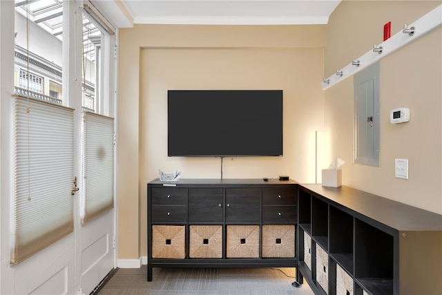 65 Weybosset St Unit 222, Providence, RI 02903 - unfurnished living room with electric panel and ornamental molding