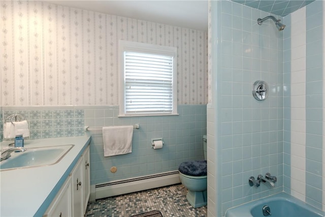 8 Sturbridge Ave, Smithfield, RI 02828 - full bath featuring wallpapered walls, baseboard heating, wainscoting, tile walls, and vanity