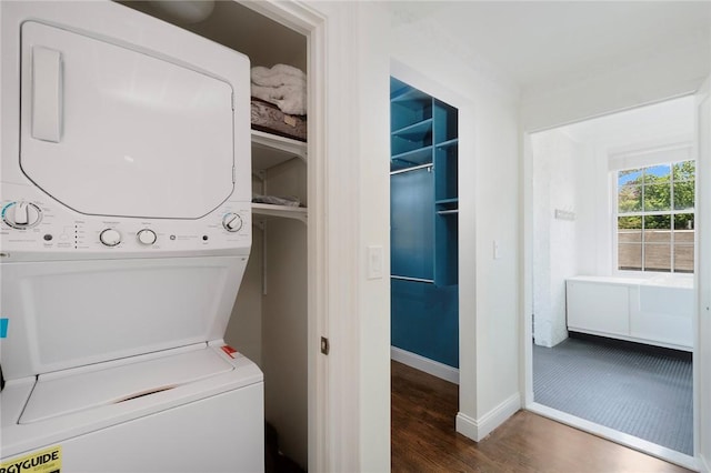 157 Waterman St Unit 2-5, Providence, RI 02906 - washroom featuring stacked washer / dryer and wood finished floors