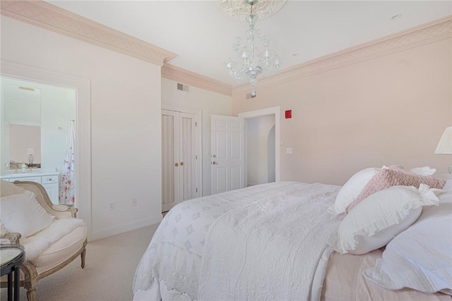 157 Waterman St Unit 2-5, Providence, RI 02906 - bedroom featuring light carpet, crown molding, a chandelier, and a closet